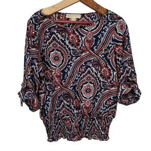Michael Kors Peasant Blouse Small Boat Neck Red White Blue Paisley Roll Tab Slv
